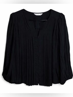 Nine West Black Pleated Button Front Blouse Women’s XS Elegant Work Career Top